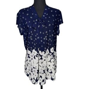 Siren Lily Women's 1X Navy White Floral Short Sleeve Tunic Top Blouse Tie Neck